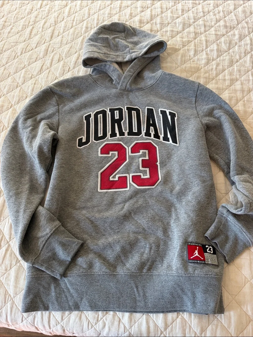 Jordan Gray Hoodie with Red 23 and Black Lettering